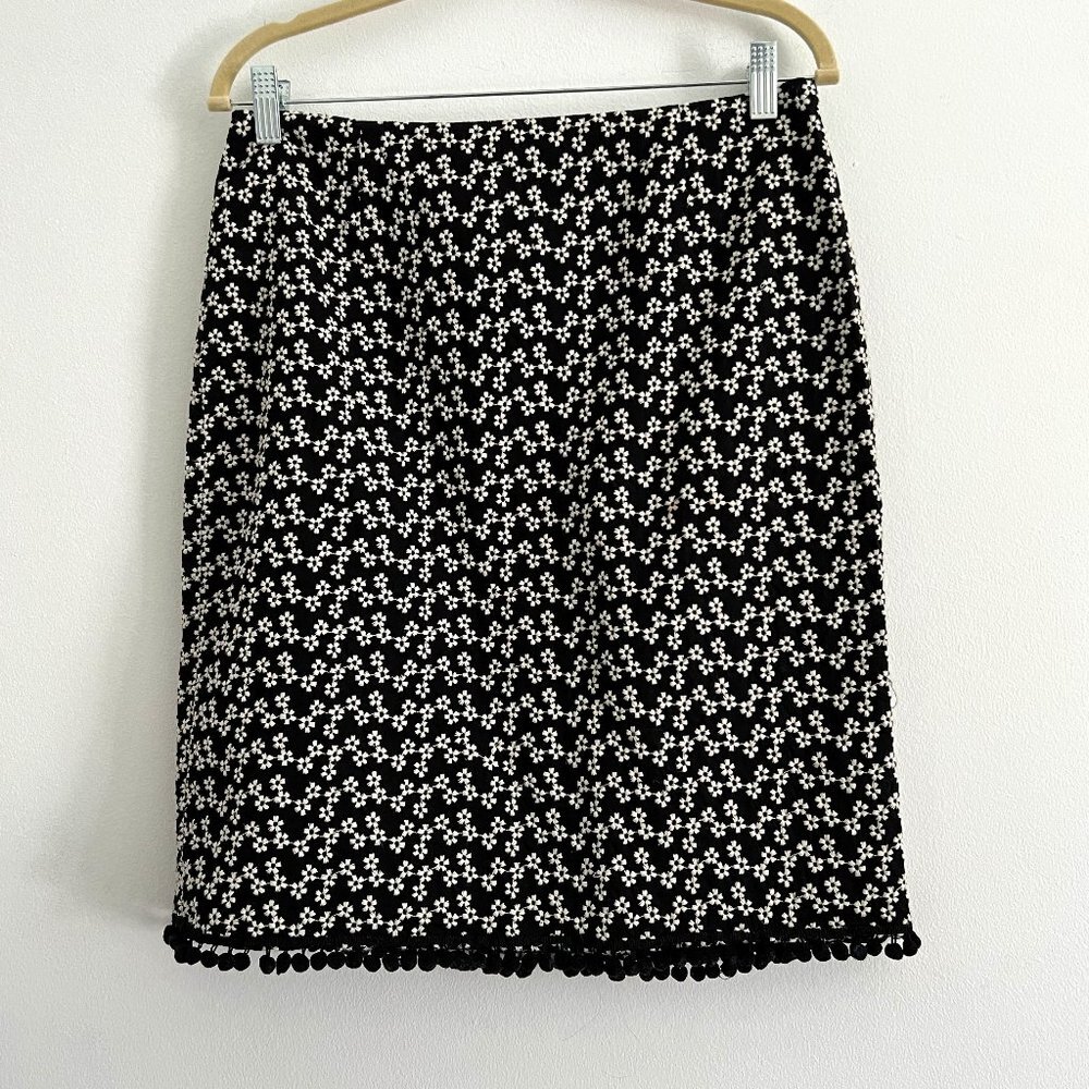 Mini Flower Embroidered Skirt - Pom Poms - black & white- Size 10